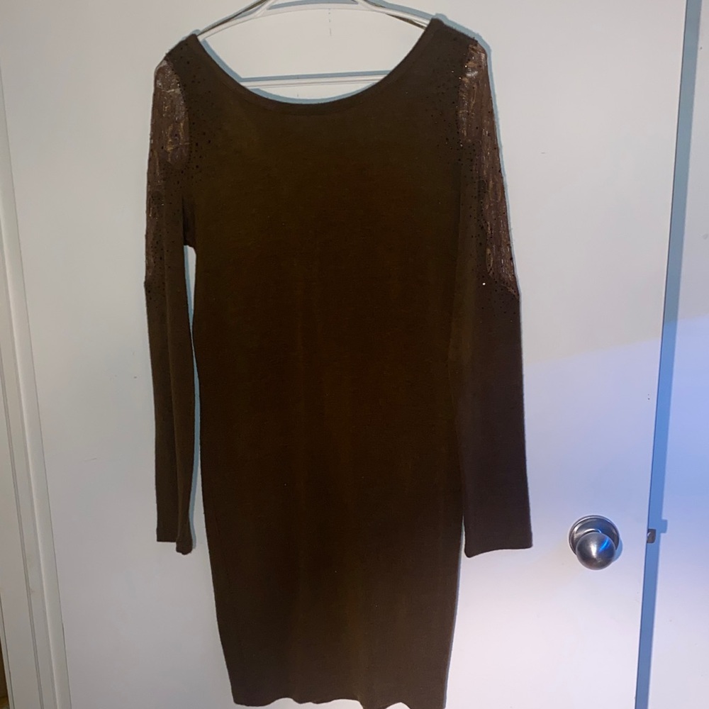 Chic Long Sleeve Brown Dress with Lace Detail